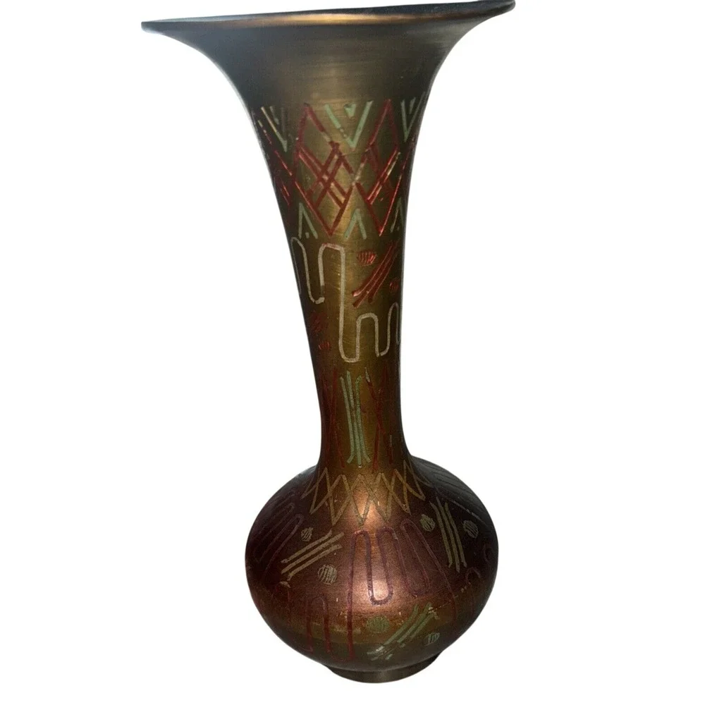 Vintage Brass Vase w/geometric Lines Indian Decoration Marked J.D India 245 M 8